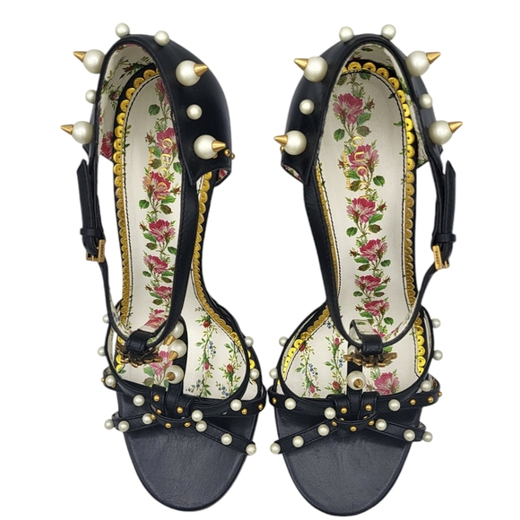 Gucci Regina Pearl Studded Strappy Sandals Black 40 - Picture 6 of 16